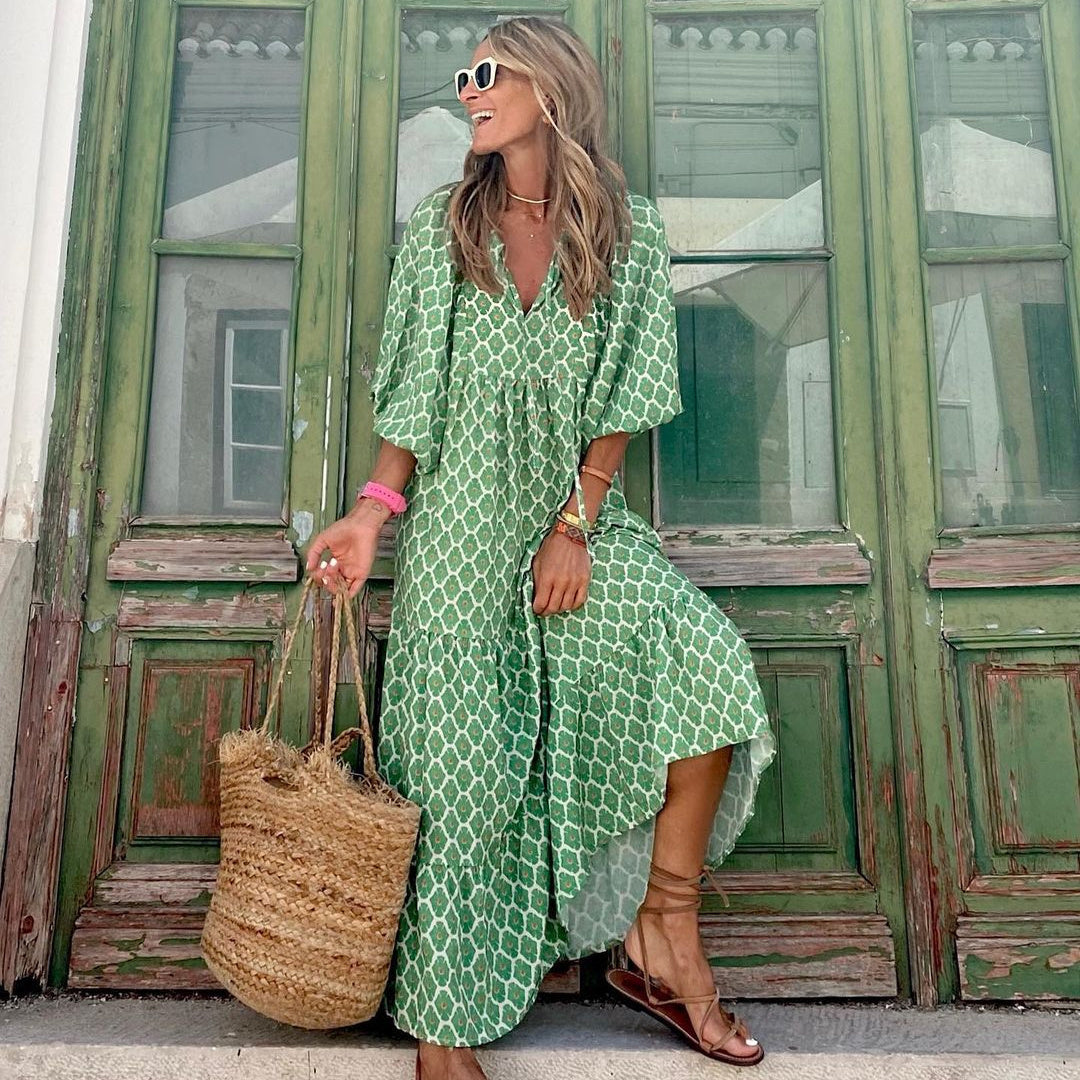 Summer Women's Vintage Printed Bohemian Dress Elegant Ladies Casual Loose V-Neck Short Sleeve Long Dresses